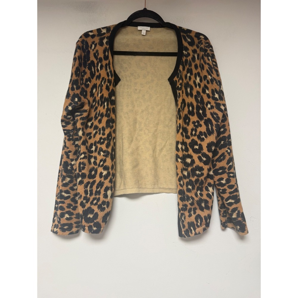 Talbots Leopard Print Cardigan Womens LP Brown Black Open Front Cotton 8345